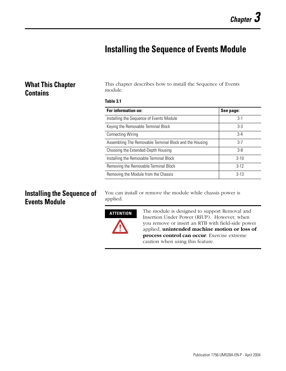 3 - installing the sequence of events module, What this chapter contains, Installing the sequence of events module | Chapter 3, Chapter | Rockwell Automation 1756-IH16ISOE ControlLogix Sequence of Events Module User Manual | Page 27 / 160