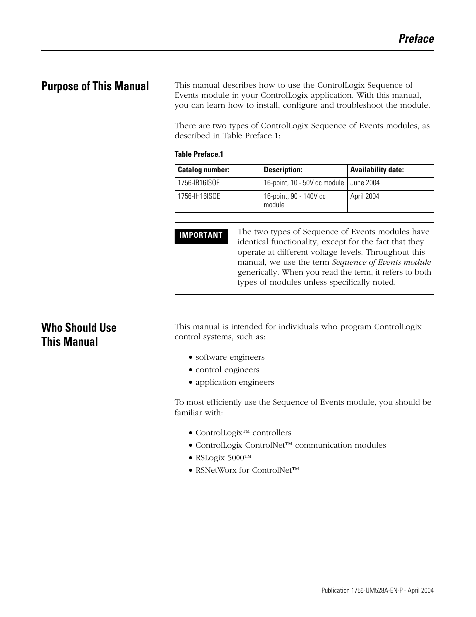 Preface, Purpose of this manual, Who should use this manual | Preface purpose of this manual | Rockwell Automation 1756-IH16ISOE ControlLogix Sequence of Events Module User Manual | Page 3 / 160