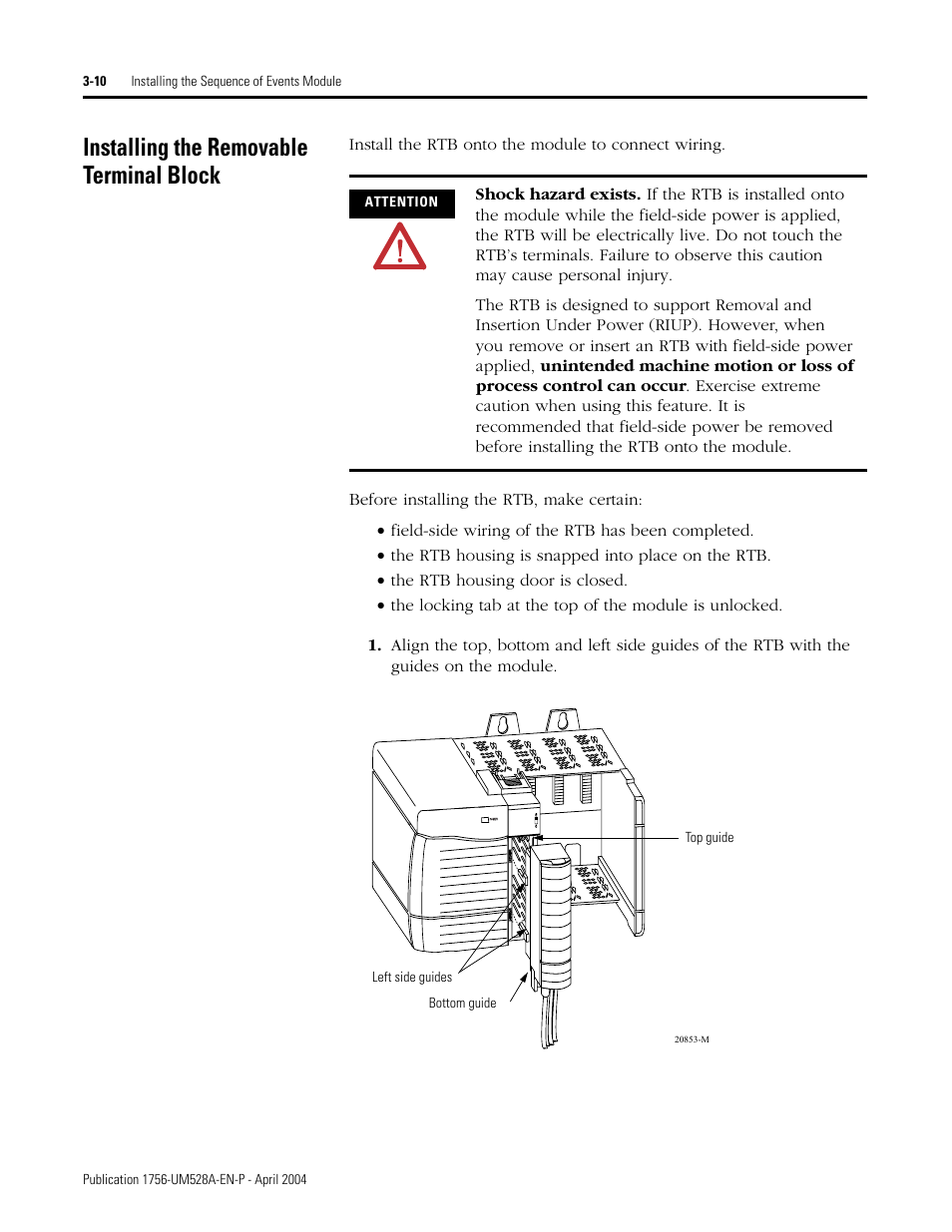 Installing the removable terminal block, Installing the removable terminal block -10 | Rockwell Automation 1756-IH16ISOE ControlLogix Sequence of Events Module User Manual | Page 36 / 160