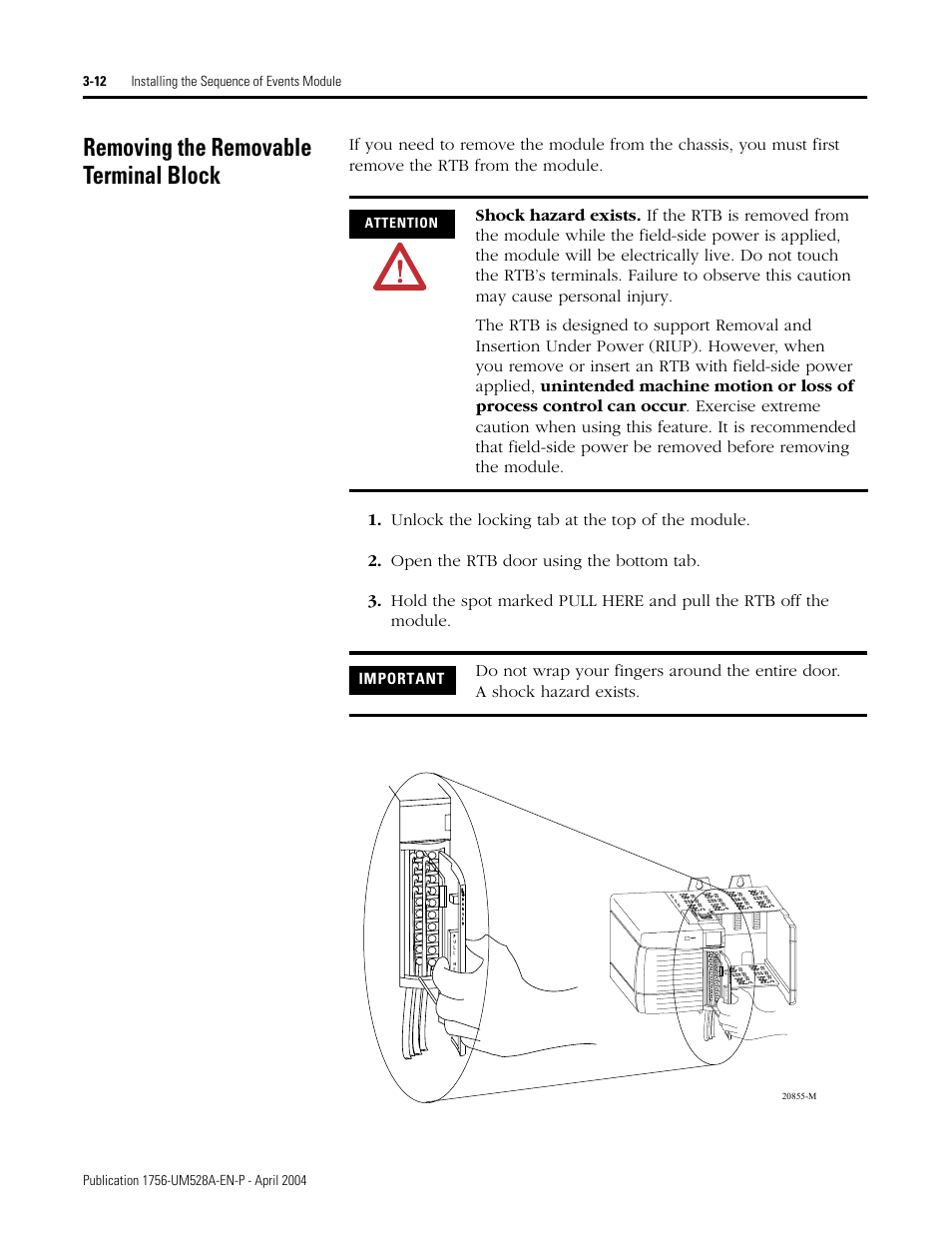 Removing the removable terminal block, Removing the removable terminal block -12 | Rockwell Automation 1756-IH16ISOE ControlLogix Sequence of Events Module User Manual | Page 38 / 160