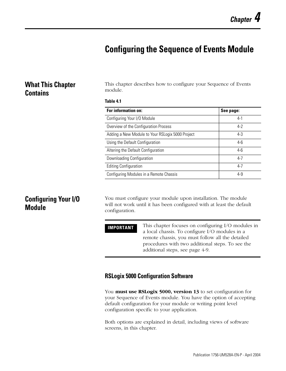 4 - configuring the sequence of events module, What this chapter contains, Configuring your i/o module | Chapter 4, Configuring the sequence of events module, Rslogix 5000 configuration software -1, Chapter | Rockwell Automation 1756-IH16ISOE ControlLogix Sequence of Events Module User Manual | Page 41 / 160