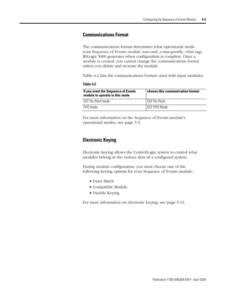 Communications format -5 electronic keying -5, Se a communications format. for, Communications format | Electronic keying | Rockwell Automation 1756-IH16ISOE ControlLogix Sequence of Events Module User Manual | Page 45 / 160