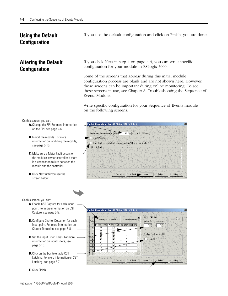 Using the default configuration, Altering the default configuration | Rockwell Automation 1756-IH16ISOE ControlLogix Sequence of Events Module User Manual | Page 46 / 160