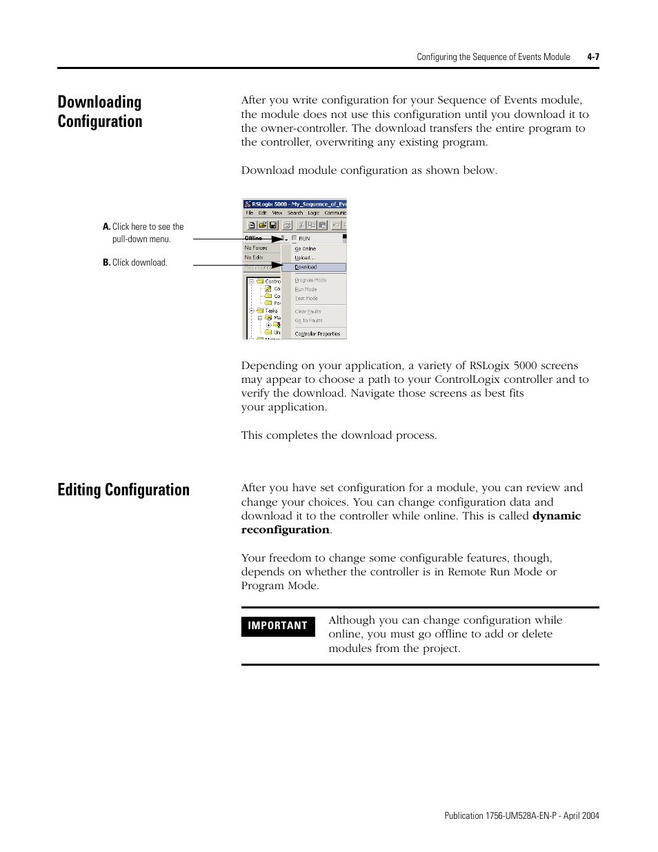 Downloading configuration, Editing configuration | Rockwell Automation 1756-IH16ISOE ControlLogix Sequence of Events Module User Manual | Page 47 / 160