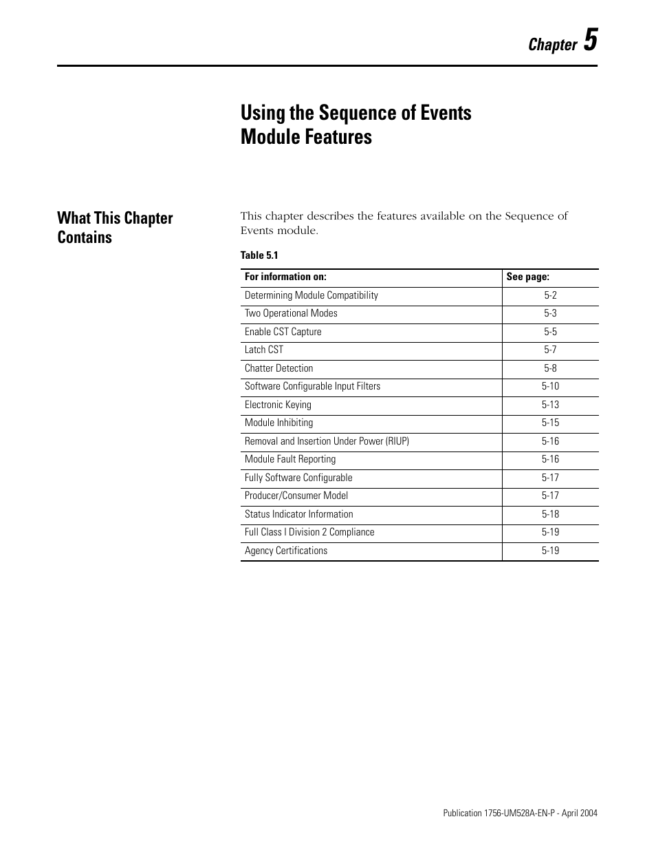 5 - using the sequence of events module features, What this chapter contains, Chapter 5 | Using the sequence of events module features, What this chapter contains -1, Chapter | Rockwell Automation 1756-IH16ISOE ControlLogix Sequence of Events Module User Manual | Page 53 / 160