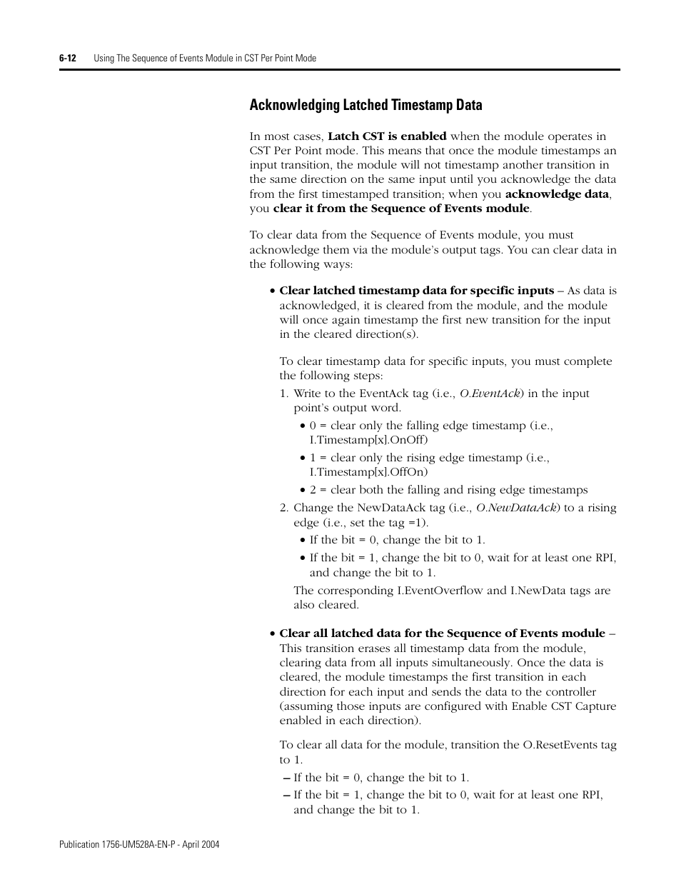 Acknowledging latched timestamp data -12, Acknowledging latched timestamp data | Rockwell Automation 1756-IH16ISOE ControlLogix Sequence of Events Module User Manual | Page 84 / 160