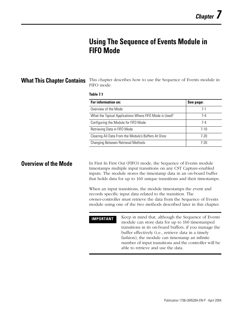 What this chapter contains, Overview of the mode, Chapter 7 | Using the sequence of events module in fifo mode, Chapter | Rockwell Automation 1756-IH16ISOE ControlLogix Sequence of Events Module User Manual | Page 87 / 160