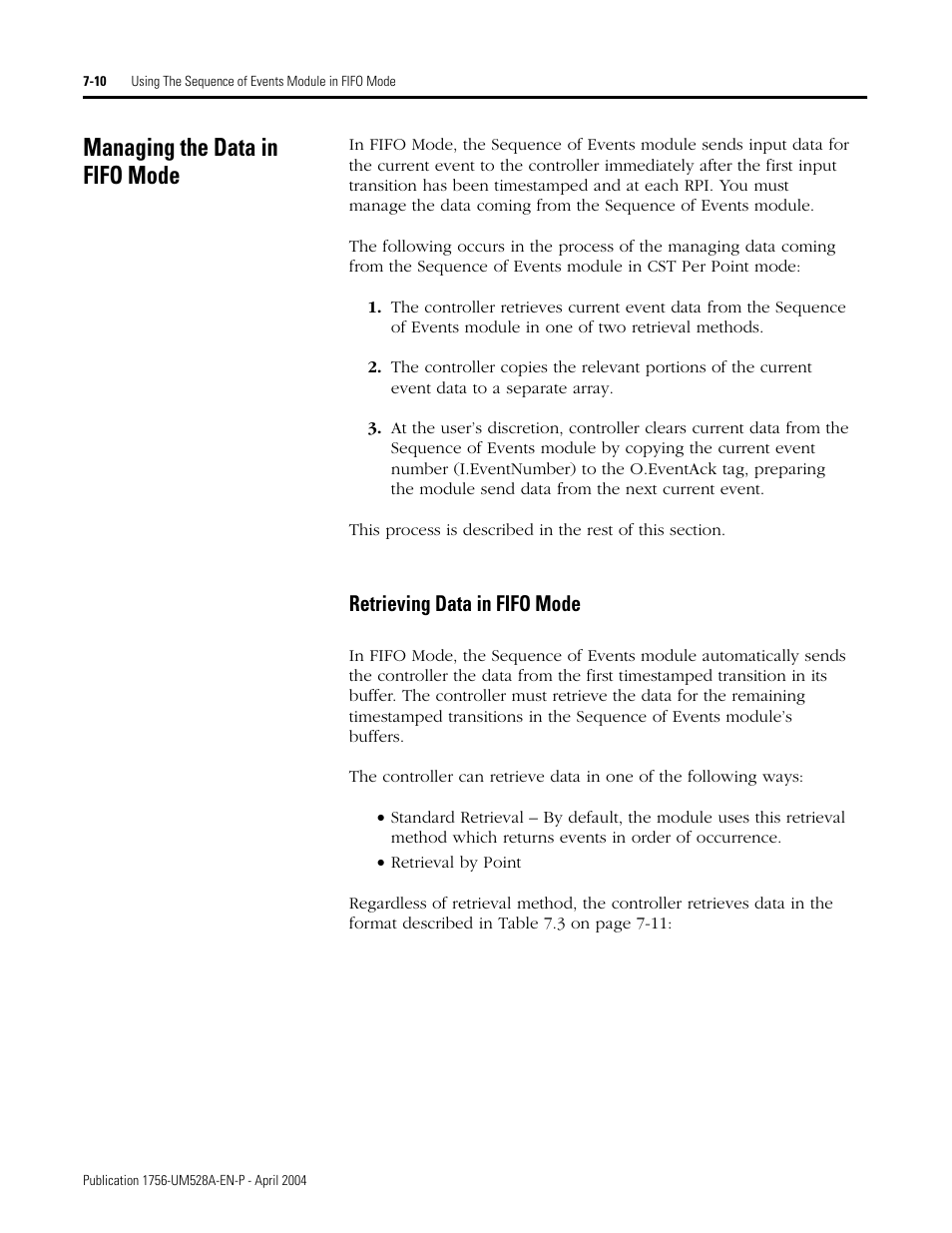 Managing the data in fifo mode, Managing the data in fifo mode -10, Retrieving data in fifo mode -10 | Retrieving data in fifo mode | Rockwell Automation 1756-IH16ISOE ControlLogix Sequence of Events Module User Manual | Page 96 / 160