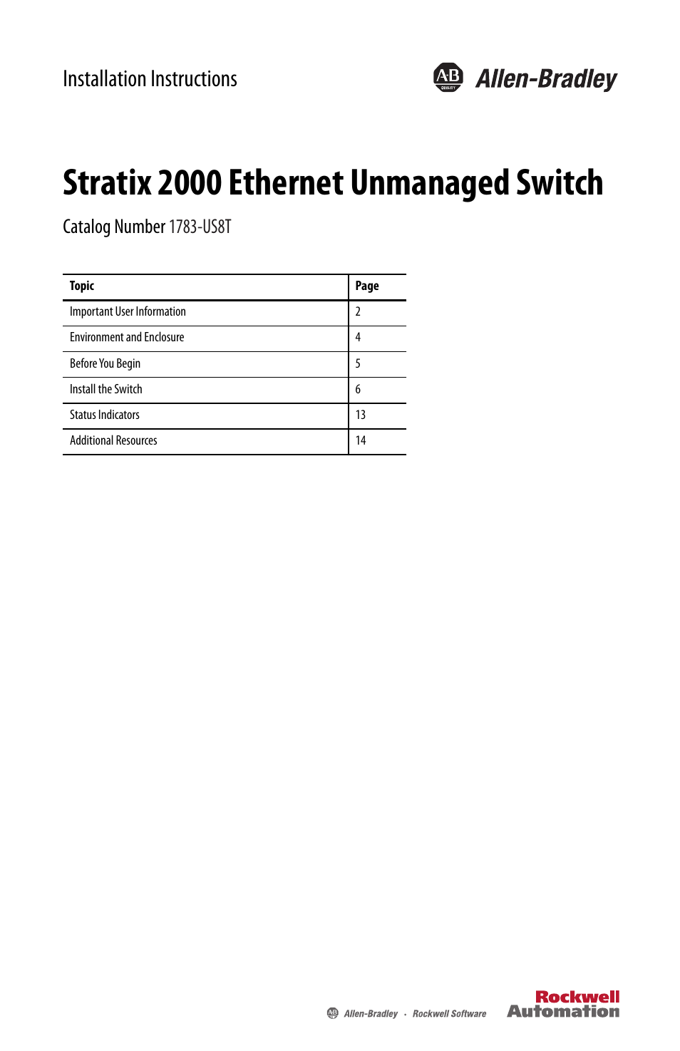 Rockwell Automation 1783-US8T Stratix 2000 Ethernet Unmanaged Switch Installation Instructions User Manual | 16 pages