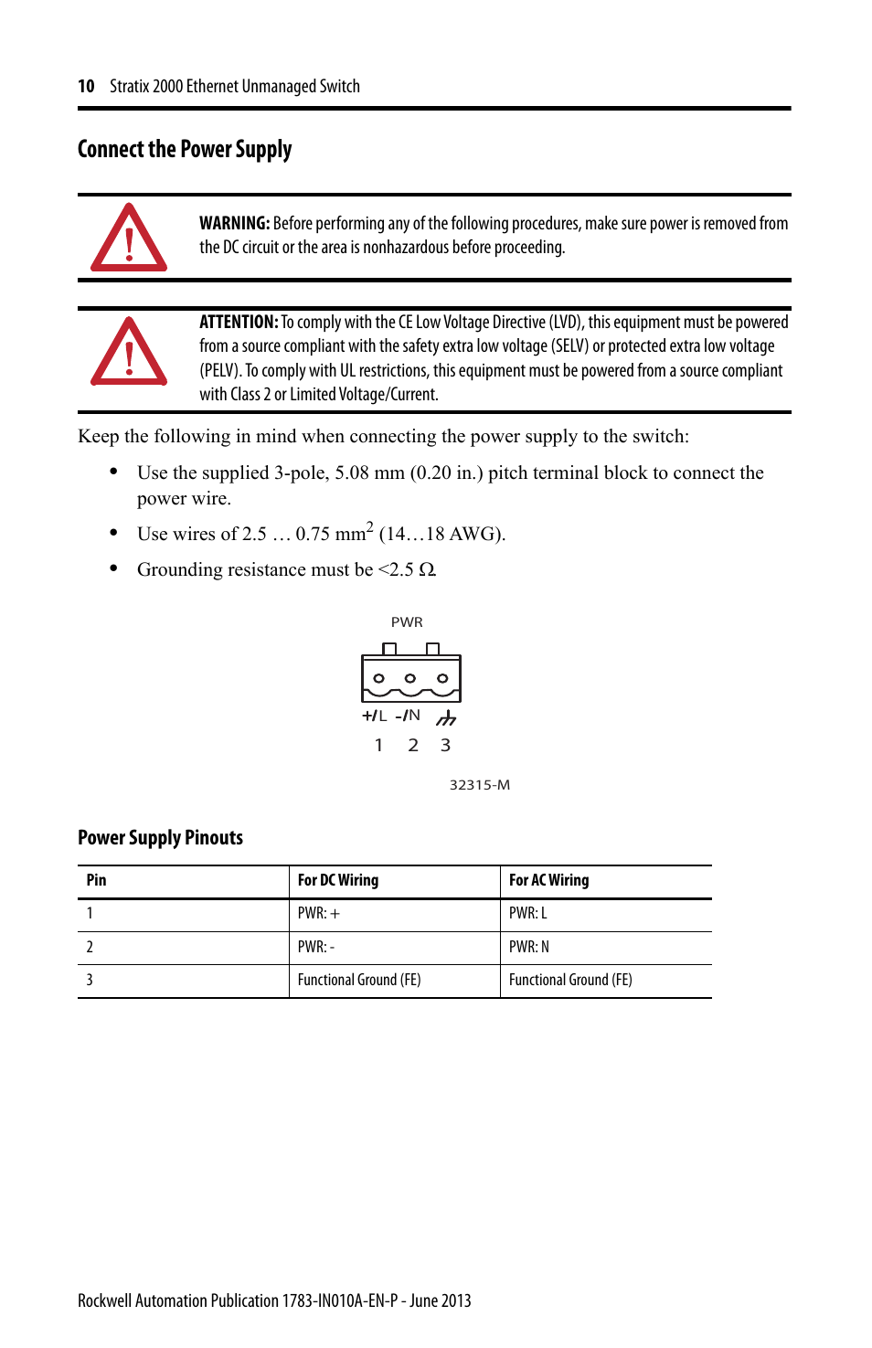 Connect the power supply, Power supply pinouts | Rockwell Automation 1783-US8T Stratix 2000 Ethernet Unmanaged Switch Installation Instructions User Manual | Page 10 / 16