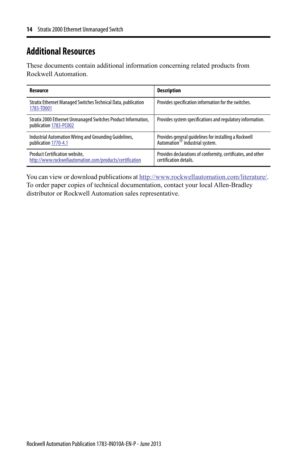 Additional resources | Rockwell Automation 1783-US8T Stratix 2000 Ethernet Unmanaged Switch Installation Instructions User Manual | Page 14 / 16