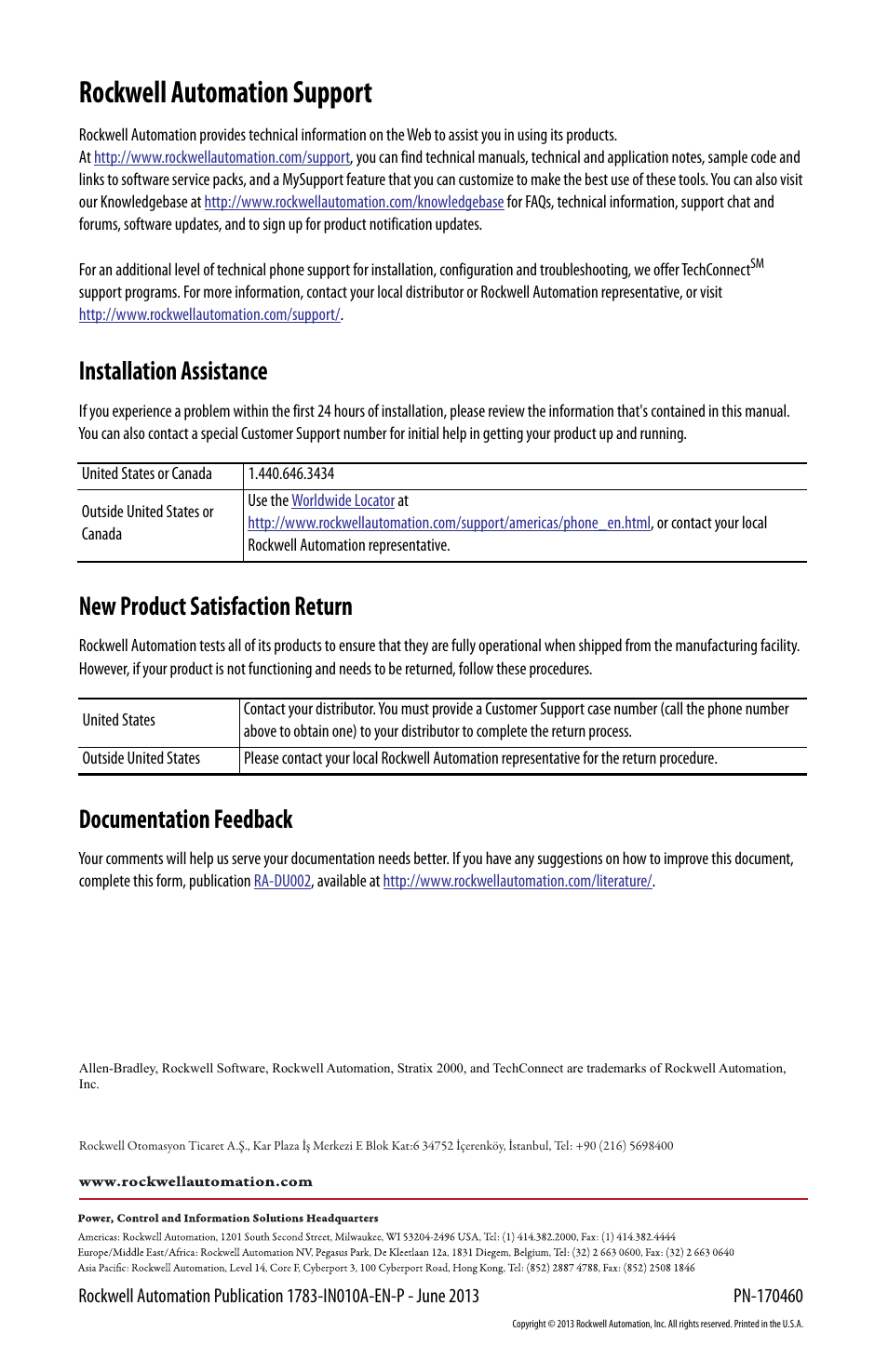 Back cover, Rockwell automation support, Installation assistance | New product satisfaction return, Documentation feedback | Rockwell Automation 1783-US8T Stratix 2000 Ethernet Unmanaged Switch Installation Instructions User Manual | Page 16 / 16