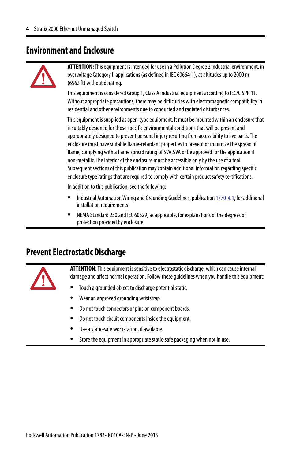 Environment and enclosure, Prevent electrostatic discharge | Rockwell Automation 1783-US8T Stratix 2000 Ethernet Unmanaged Switch Installation Instructions User Manual | Page 4 / 16