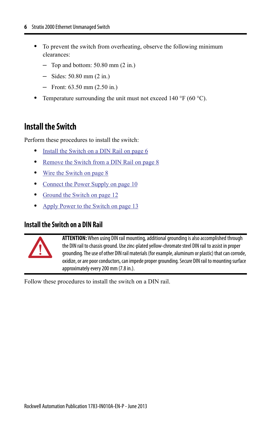 Install the switch, Install the switch on a din rail | Rockwell Automation 1783-US8T Stratix 2000 Ethernet Unmanaged Switch Installation Instructions User Manual | Page 6 / 16