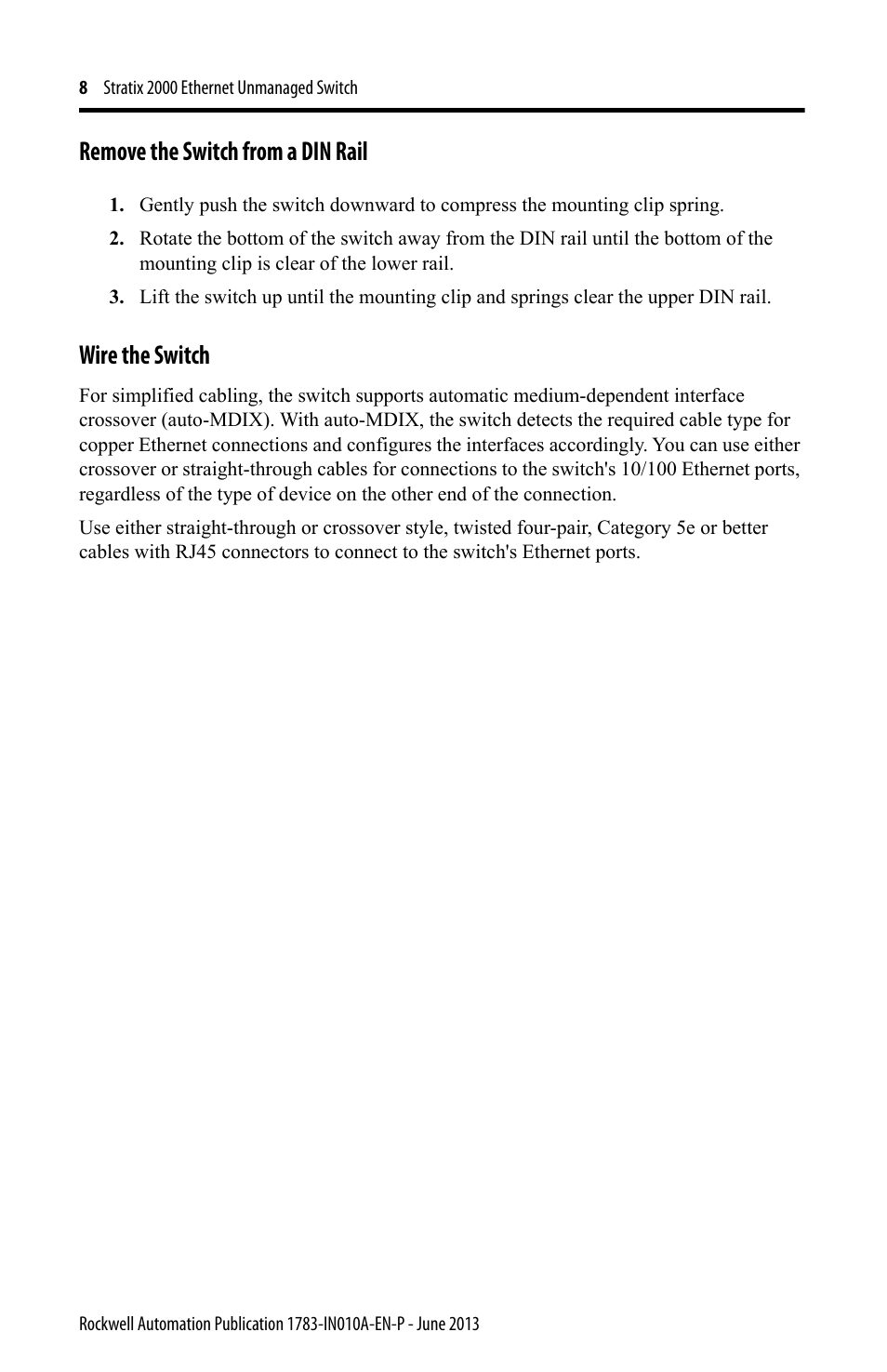 Remove the switch from a din rail, Wire the switch | Rockwell Automation 1783-US8T Stratix 2000 Ethernet Unmanaged Switch Installation Instructions User Manual | Page 8 / 16