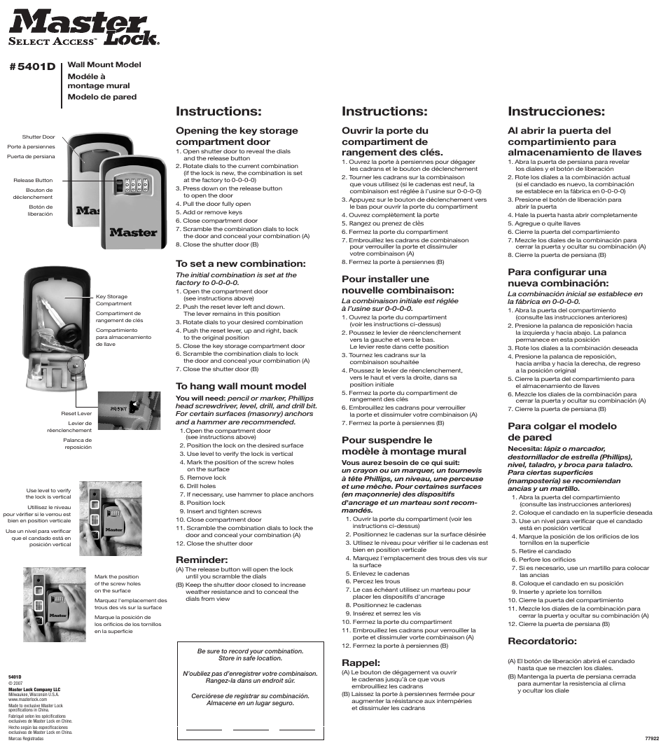 Master Lock Company Model #5401D User Manual | 1 page