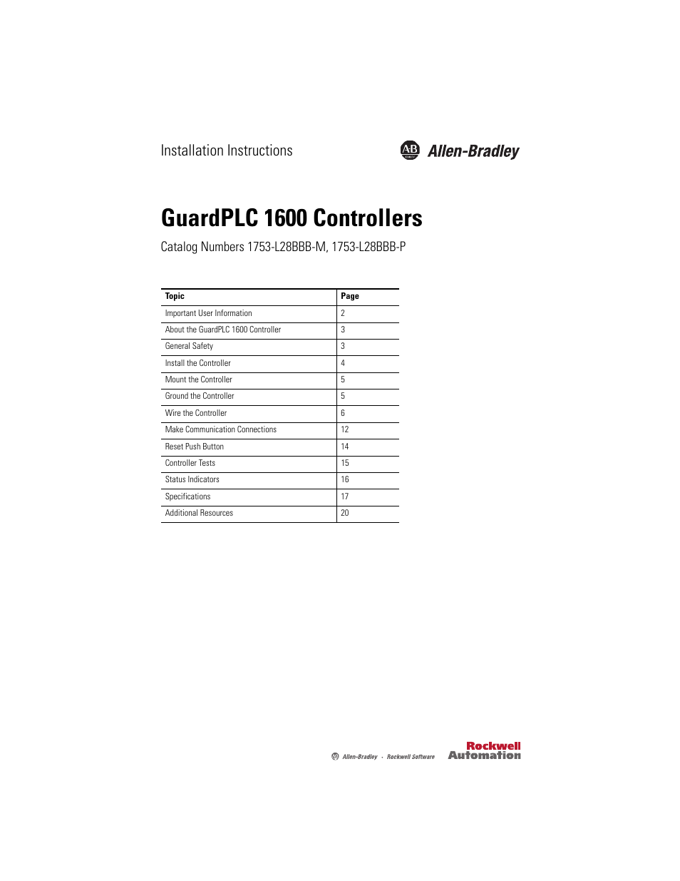 Rockwell Automation 1753-L28BBB-M_P GuardPLC 1600 Controllers User Manual | 20 pages