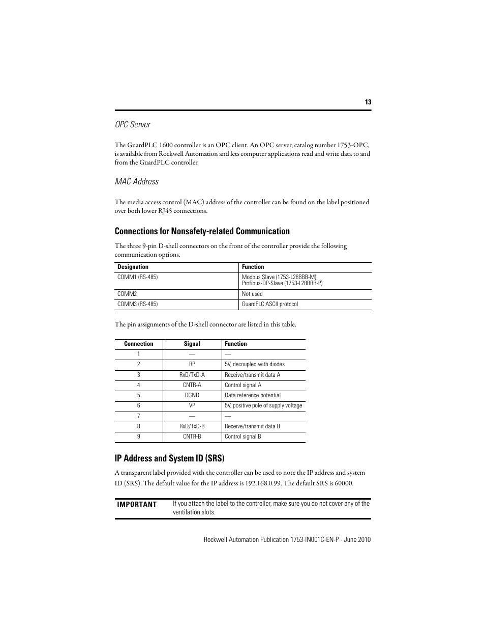 Connections for nonsafety-related communication, Ip address and system id (srs), Opc server | Mac address | Rockwell Automation 1753-L28BBB-M_P GuardPLC 1600 Controllers User Manual | Page 13 / 20