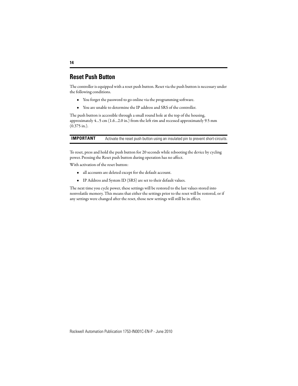 Reset push button | Rockwell Automation 1753-L28BBB-M_P GuardPLC 1600 Controllers User Manual | Page 14 / 20