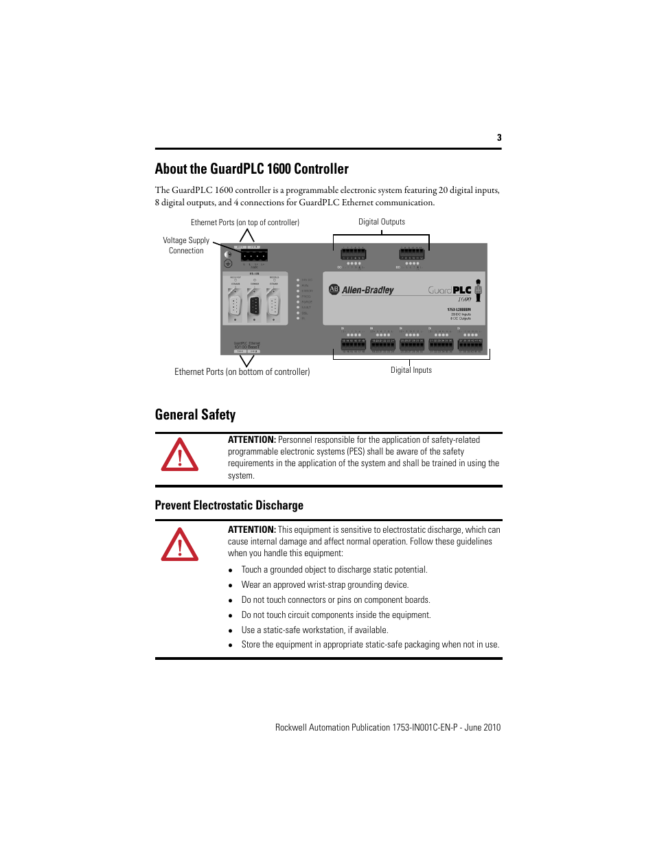 About the guardplc 1600 controller, General safety, Prevent electrostatic discharge | Rockwell Automation 1753-L28BBB-M_P GuardPLC 1600 Controllers User Manual | Page 3 / 20