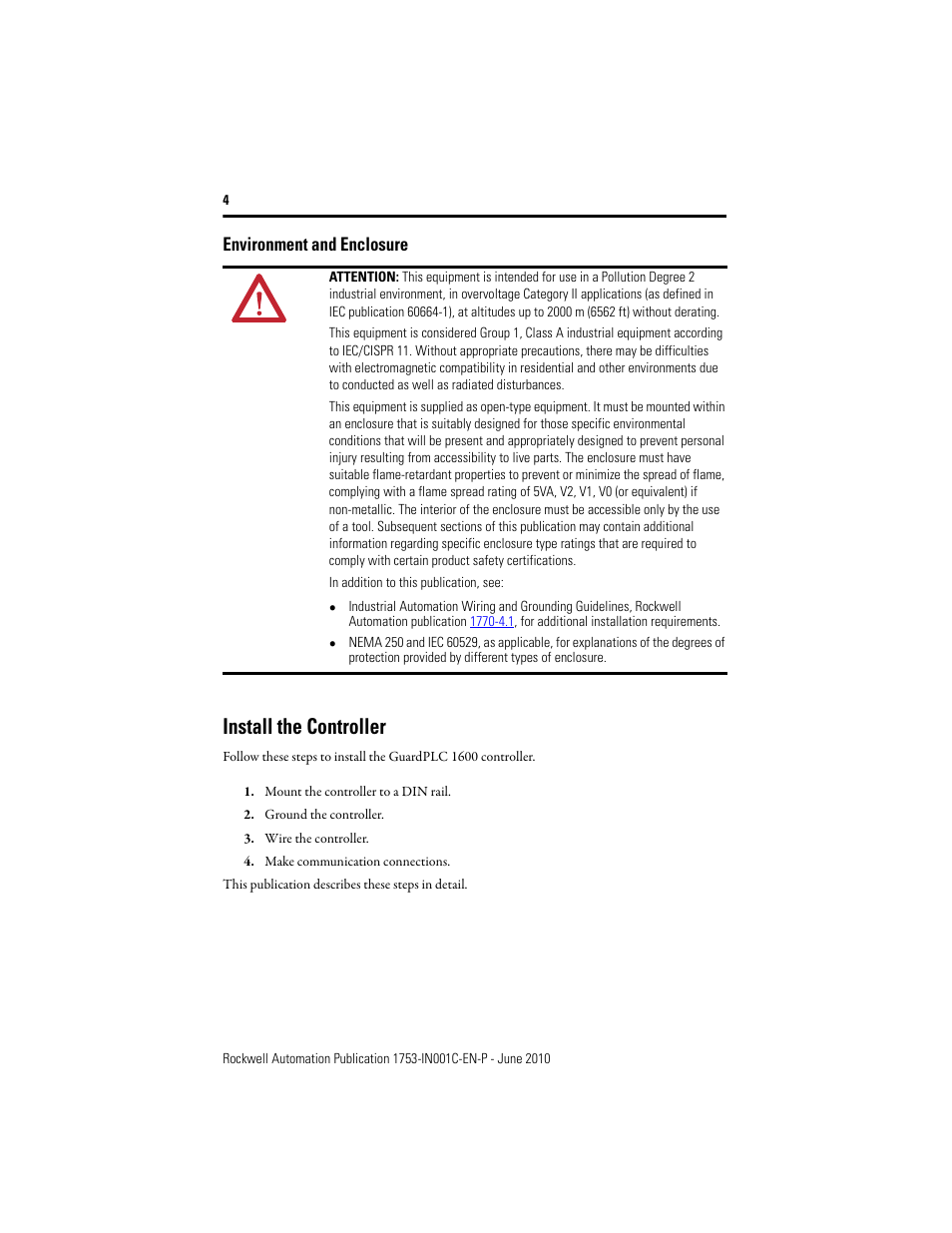 Environment and enclosure, Install the controller | Rockwell Automation 1753-L28BBB-M_P GuardPLC 1600 Controllers User Manual | Page 4 / 20