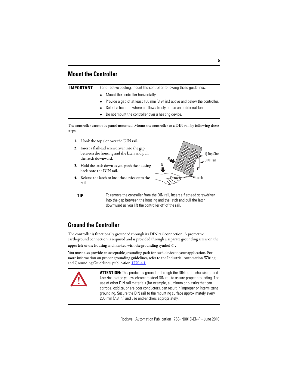 Mount the controller, Ground the controller | Rockwell Automation 1753-L28BBB-M_P GuardPLC 1600 Controllers User Manual | Page 5 / 20