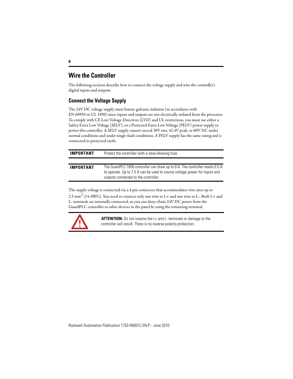 Wire the controller, Connect the voltage supply | Rockwell Automation 1753-L28BBB-M_P GuardPLC 1600 Controllers User Manual | Page 6 / 20
