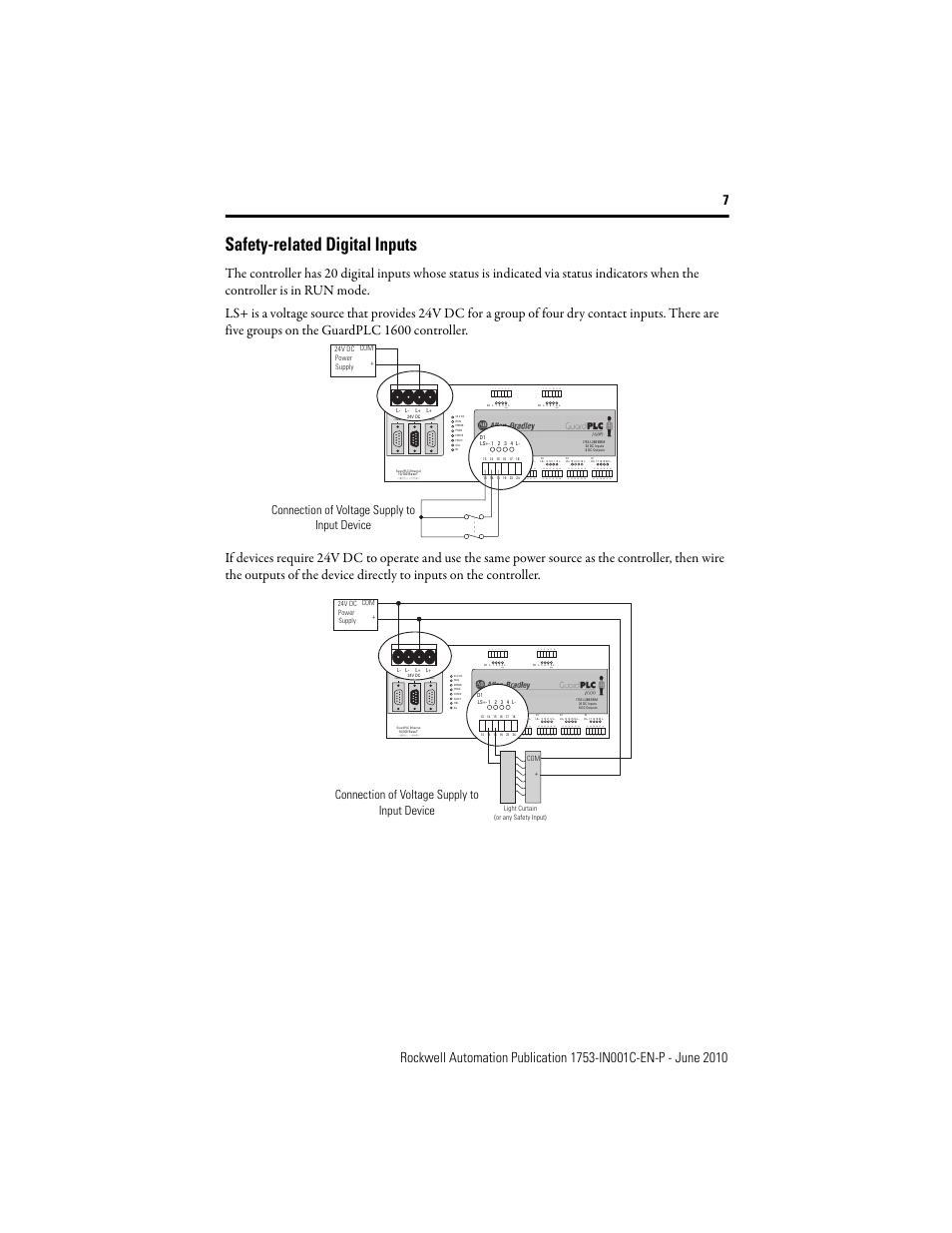 Safety-related digital inputs, Connection of voltage supply to input device | Rockwell Automation 1753-L28BBB-M_P GuardPLC 1600 Controllers User Manual | Page 7 / 20