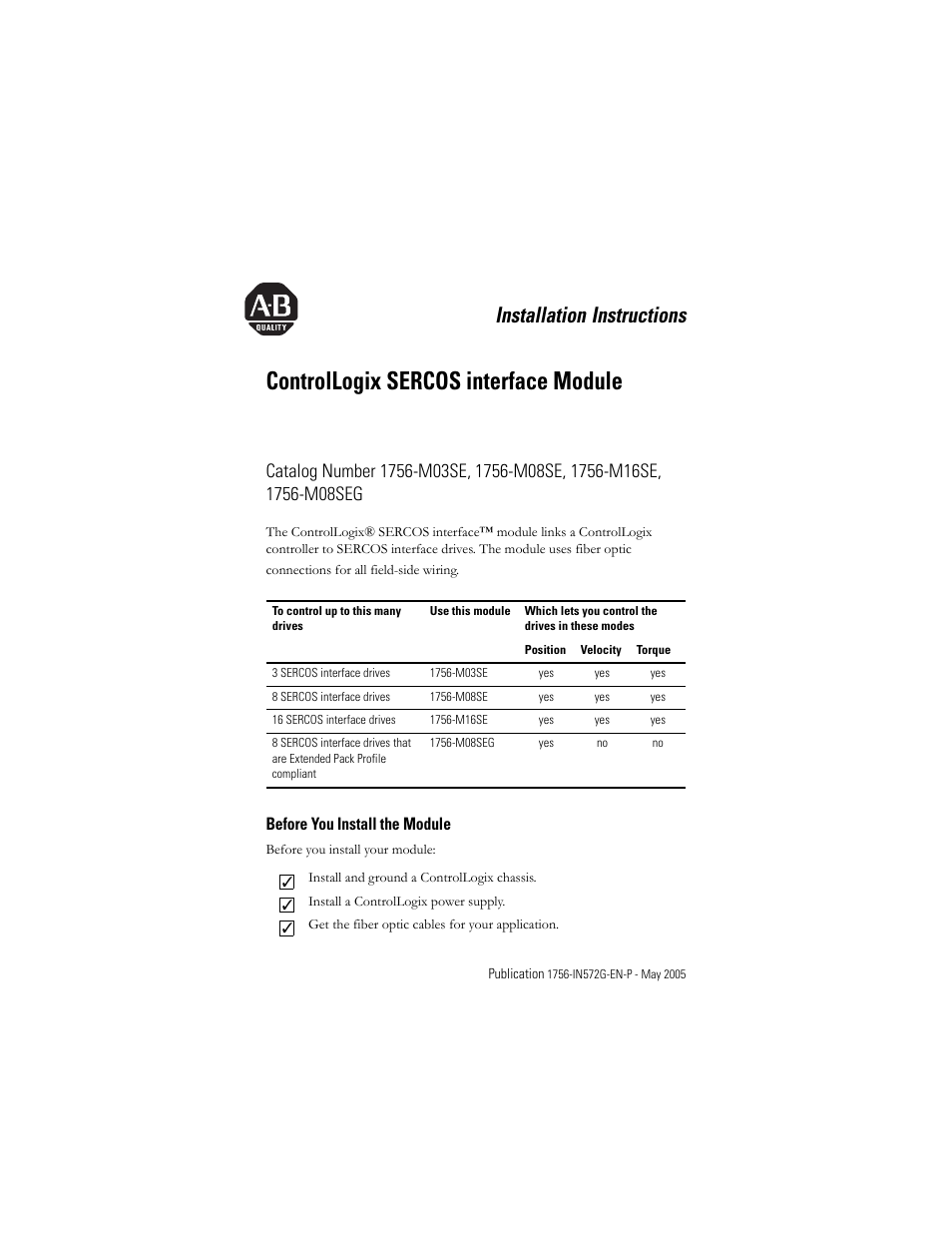 Rockwell Automation 1756-Mxxxx ControlLogix SERCOS interface Module Installation Instructions User Manual | 20 pages