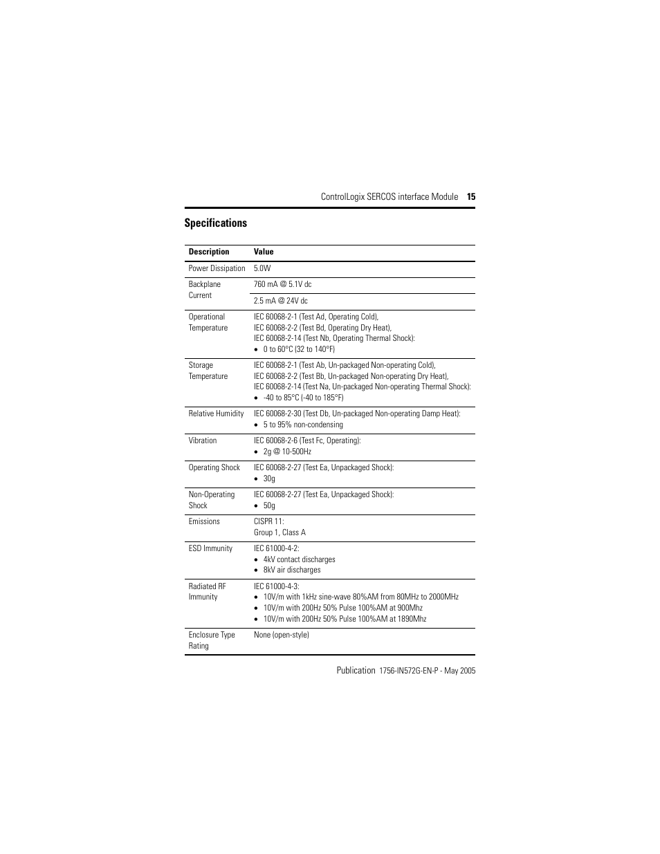 Specifications | Rockwell Automation 1756-Mxxxx ControlLogix SERCOS interface Module Installation Instructions User Manual | Page 15 / 20