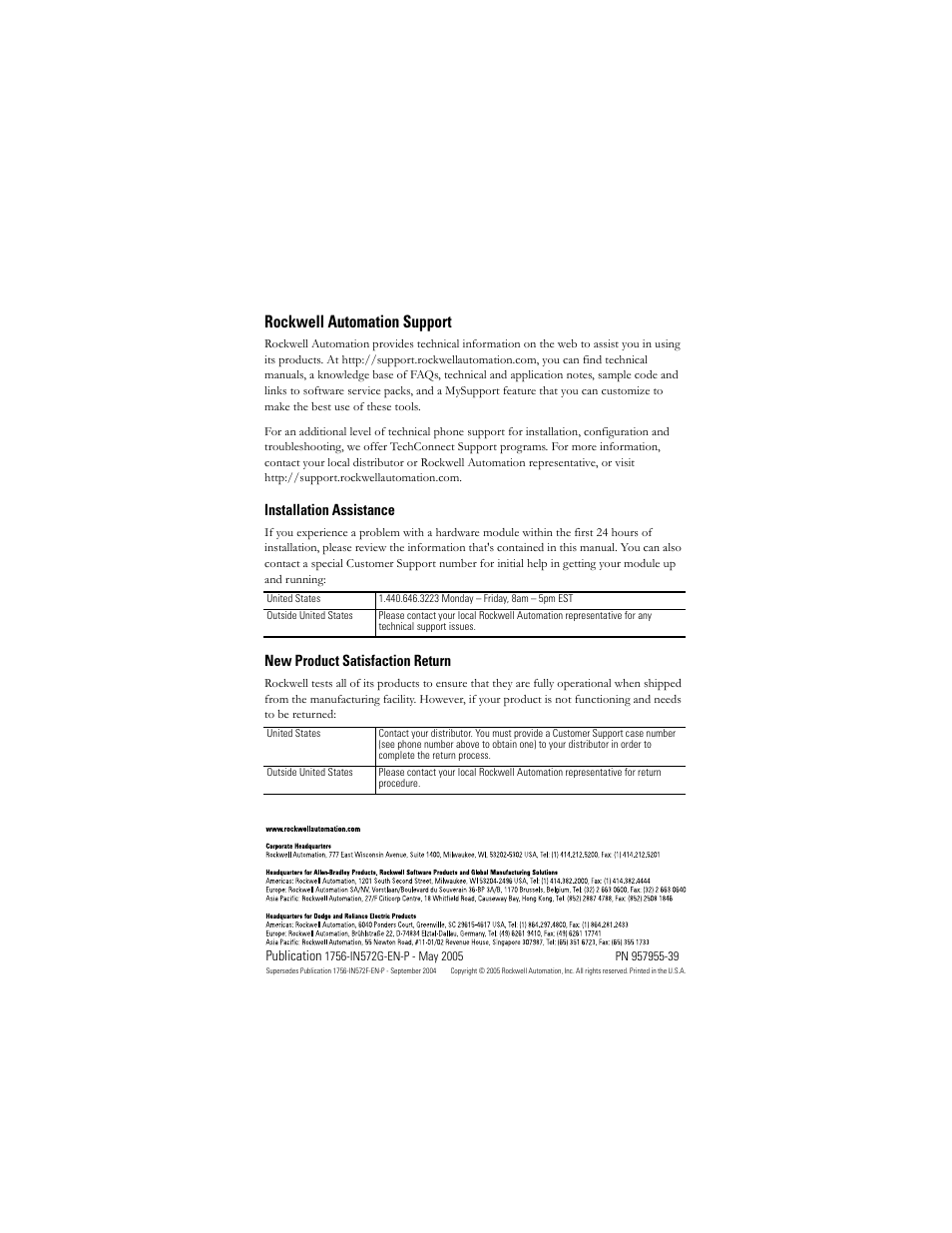 Back cover, Rockwell automation support, Installation assistance | New product satisfaction return | Rockwell Automation 1756-Mxxxx ControlLogix SERCOS interface Module Installation Instructions User Manual | Page 20 / 20