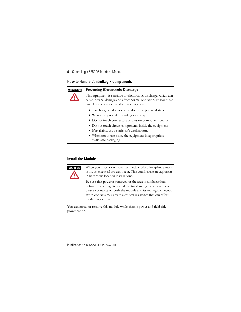 How to handle controllogix components, Install the module | Rockwell Automation 1756-Mxxxx ControlLogix SERCOS interface Module Installation Instructions User Manual | Page 4 / 20