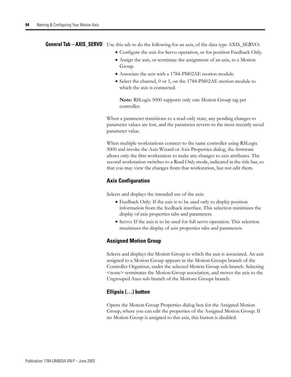 General tab - axis_servo, Axis configuration, Assigned motion group | Ellipsis (…) button | Rockwell Automation 1784-PM16SE SoftLogix Motion Card Setup and Configuration Manual User Manual | Page 102 / 451