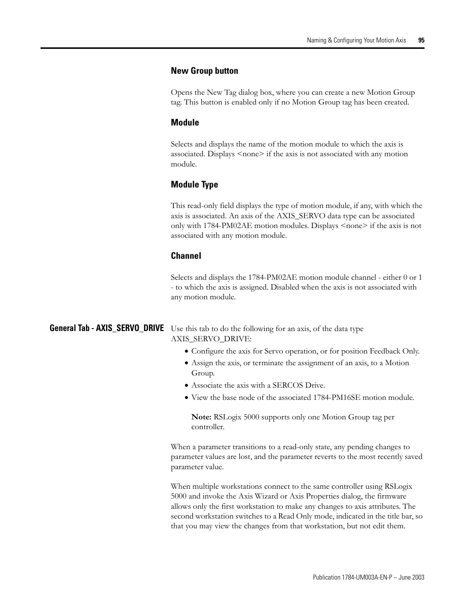 New group button, Module, Module type | Channel, General tab - axis_servo_drive | Rockwell Automation 1784-PM16SE SoftLogix Motion Card Setup and Configuration Manual User Manual | Page 103 / 451