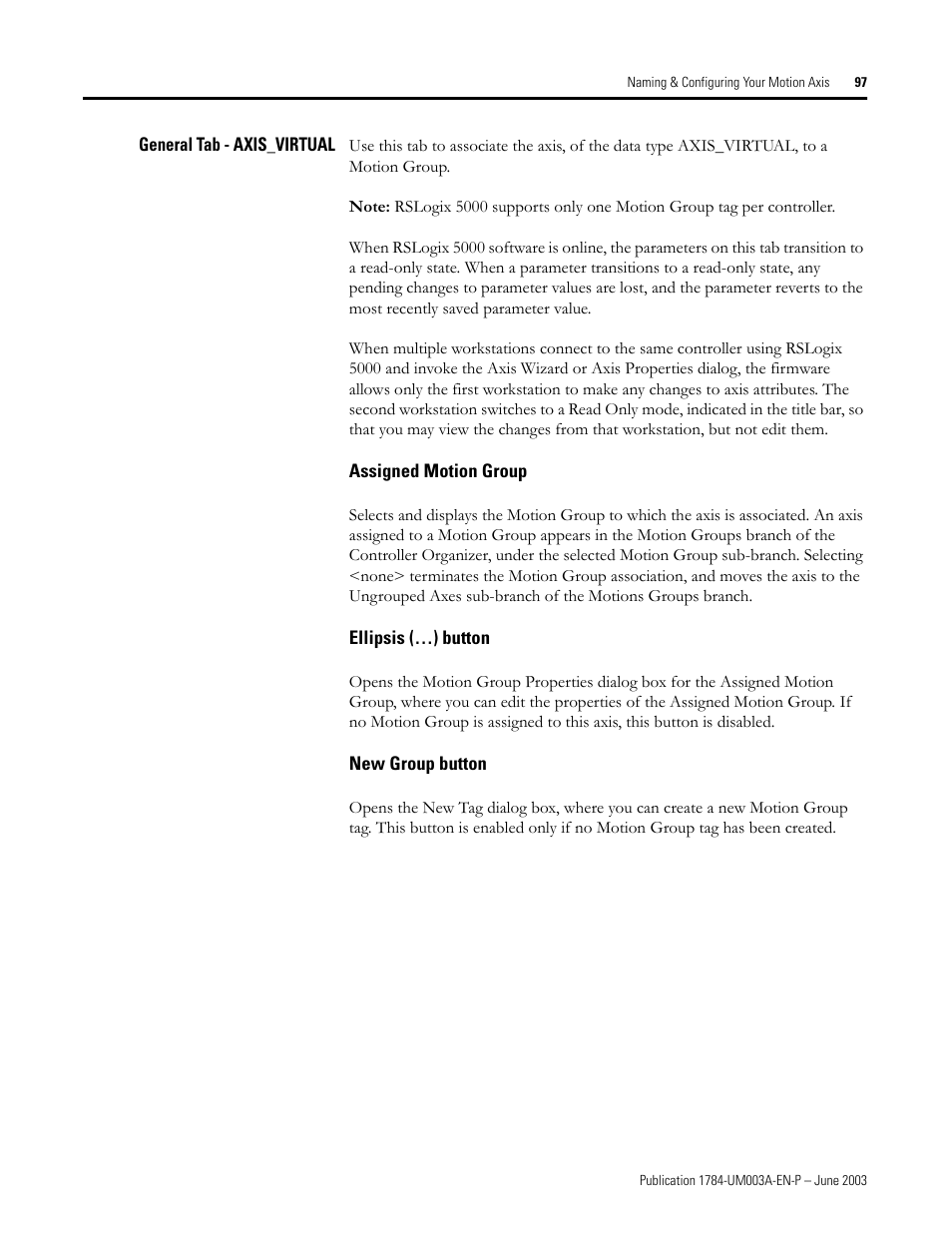 General tab - axis_virtual, Assigned motion group, Ellipsis (…) button | New group button | Rockwell Automation 1784-PM16SE SoftLogix Motion Card Setup and Configuration Manual User Manual | Page 105 / 451