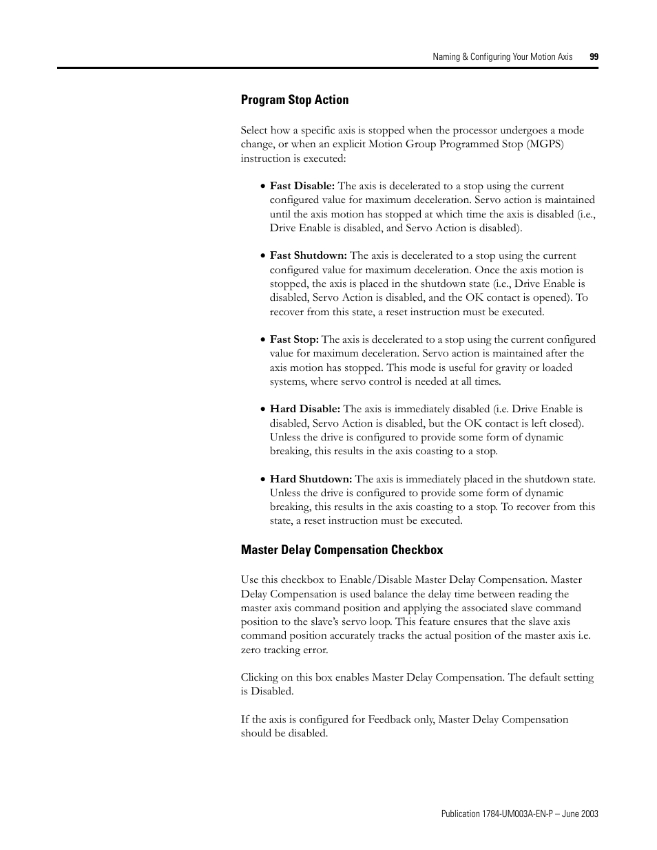 Program stop action, Master delay compensation checkbox | Rockwell Automation 1784-PM16SE SoftLogix Motion Card Setup and Configuration Manual User Manual | Page 107 / 451
