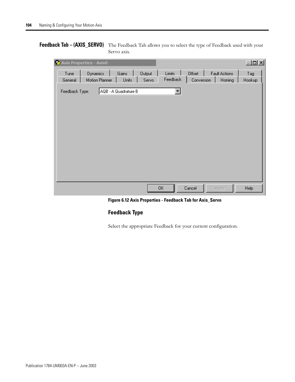 Feedback tab - (axis_servo), Feedback type | Rockwell Automation 1784-PM16SE SoftLogix Motion Card Setup and Configuration Manual User Manual | Page 112 / 451