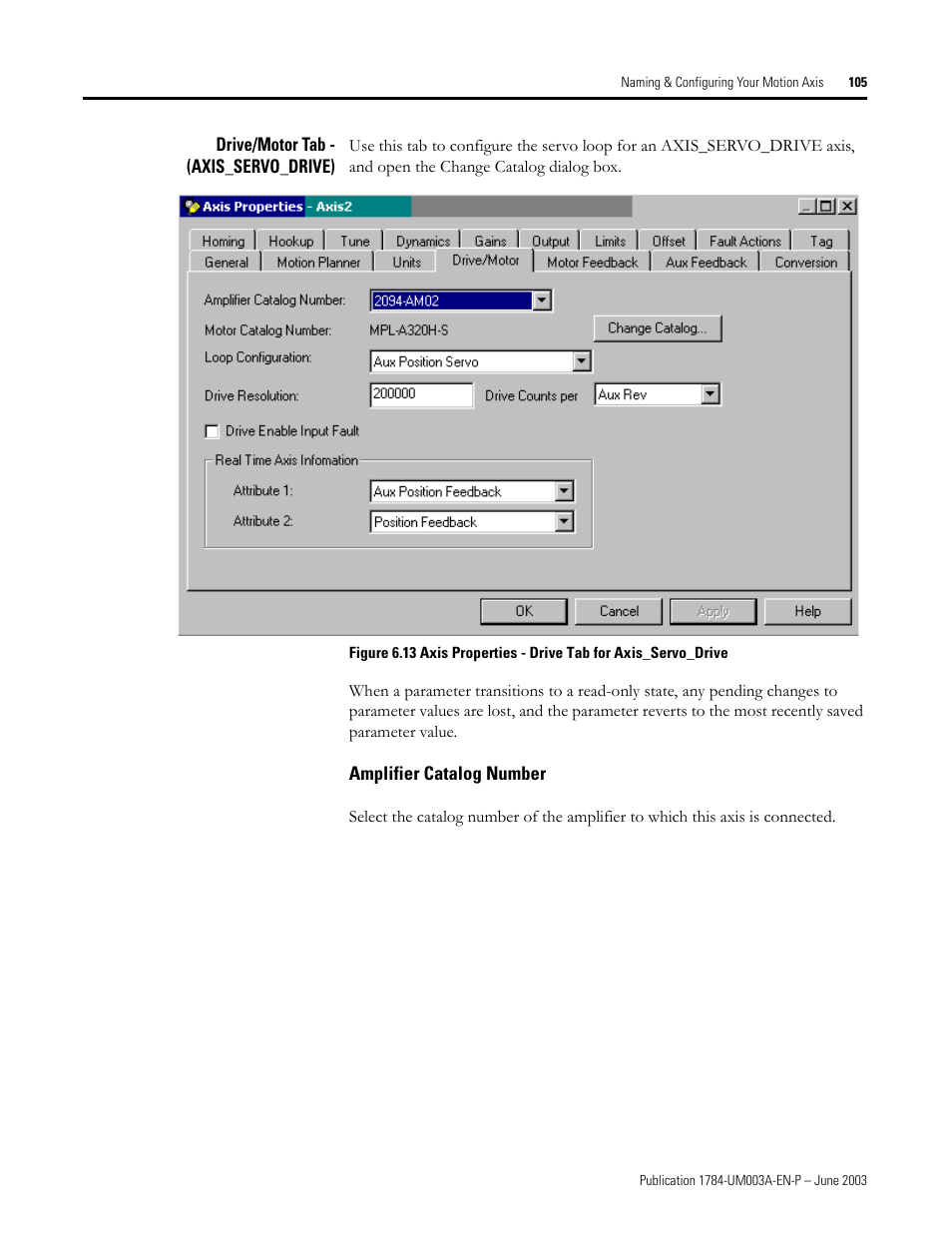 Drive/motor tab - (axis_servo_drive), Amplifier catalog number | Rockwell Automation 1784-PM16SE SoftLogix Motion Card Setup and Configuration Manual User Manual | Page 113 / 451