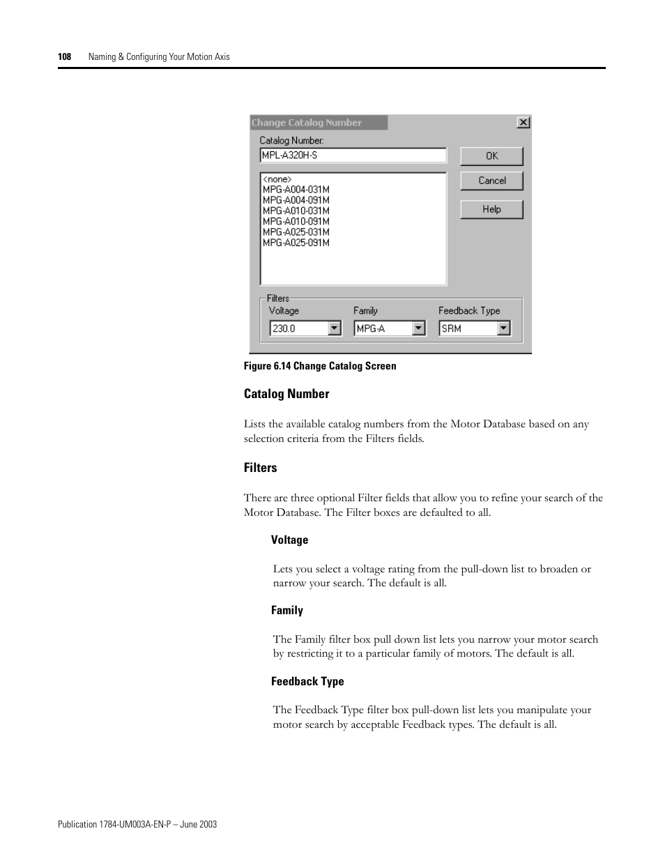 Catalog number, Filters, Voltage | Family, Feedback type | Rockwell Automation 1784-PM16SE SoftLogix Motion Card Setup and Configuration Manual User Manual | Page 116 / 451