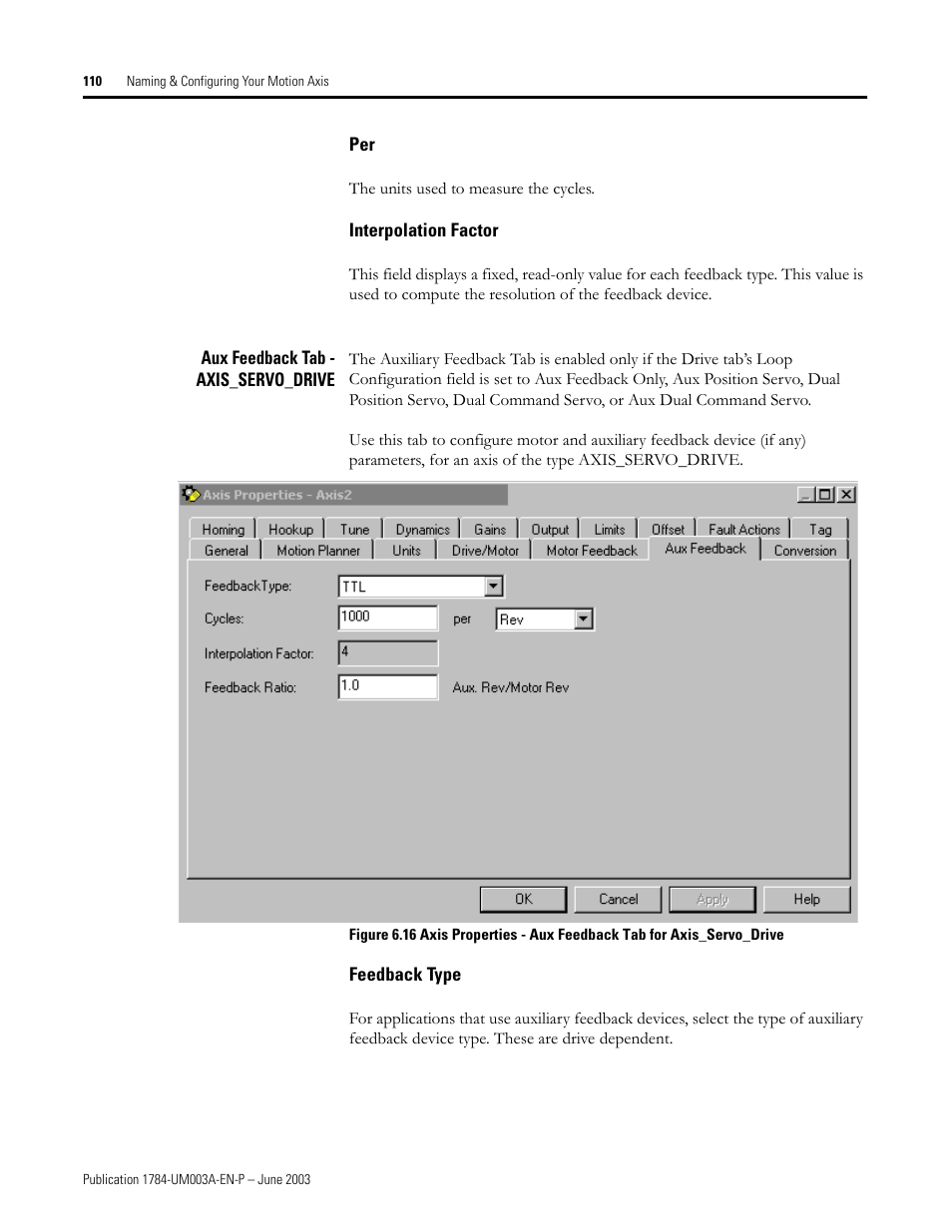 Interpolation factor, Aux feedback tab - axis_servo_drive, Feedback type | Rockwell Automation 1784-PM16SE SoftLogix Motion Card Setup and Configuration Manual User Manual | Page 118 / 451