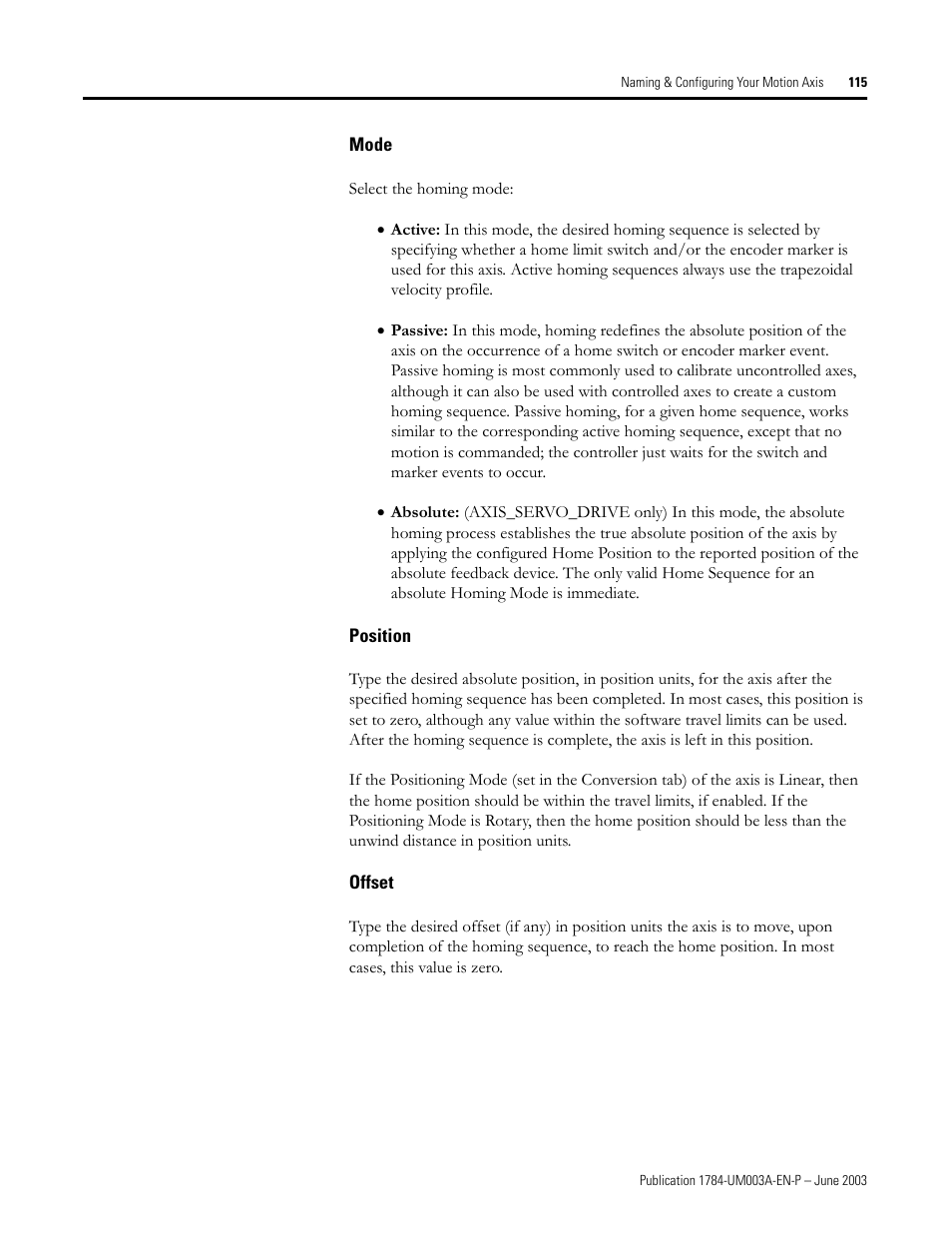 Mode, Position, Offset | Rockwell Automation 1784-PM16SE SoftLogix Motion Card Setup and Configuration Manual User Manual | Page 123 / 451