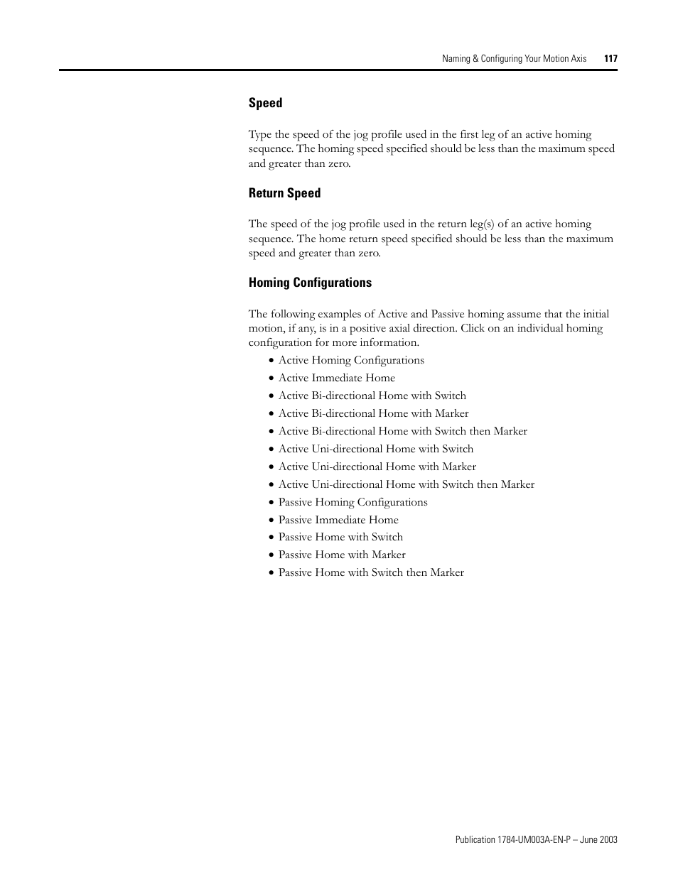 Speed, Return speed, Homing configurations | Rockwell Automation 1784-PM16SE SoftLogix Motion Card Setup and Configuration Manual User Manual | Page 125 / 451