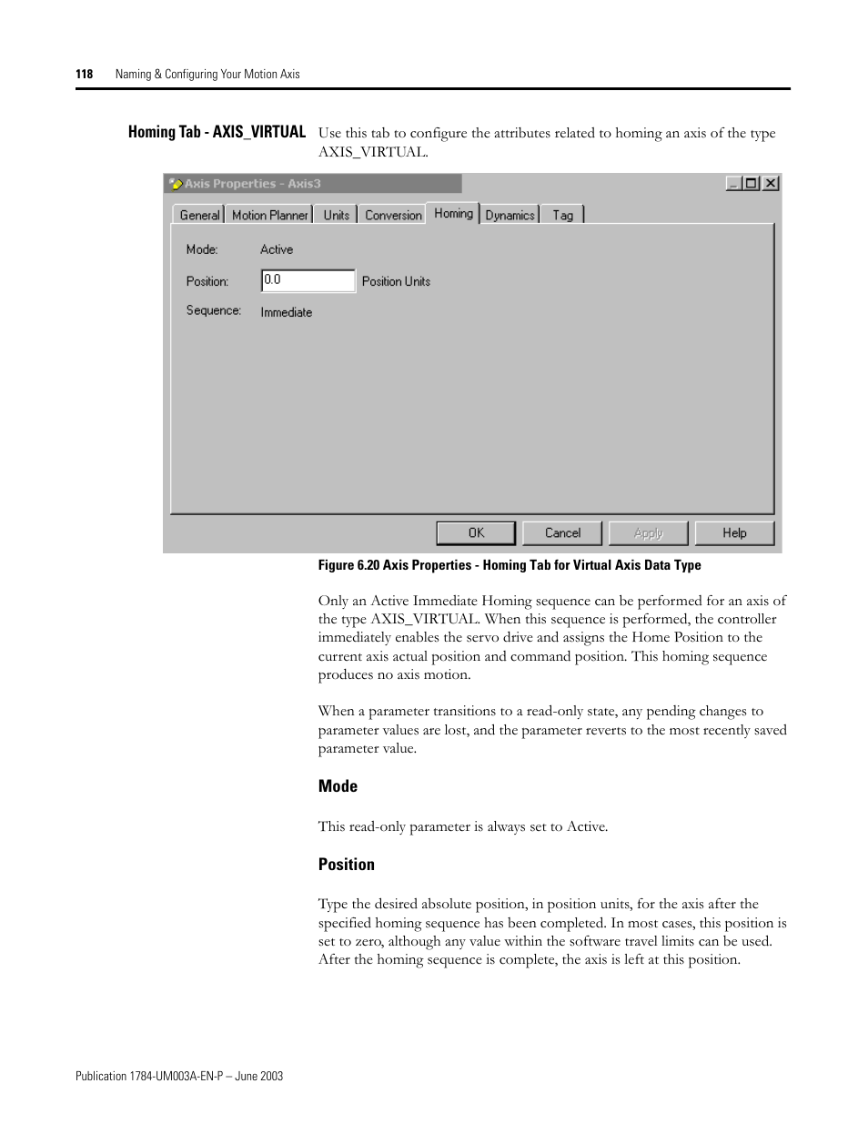 Homing tab - axis_virtual, Mode, Position | Rockwell Automation 1784-PM16SE SoftLogix Motion Card Setup and Configuration Manual User Manual | Page 126 / 451