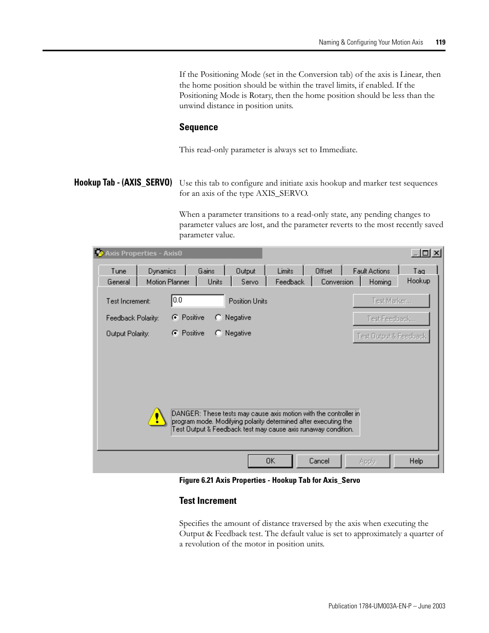 Sequence, Hookup tab - (axis_servo), Test increment | Rockwell Automation 1784-PM16SE SoftLogix Motion Card Setup and Configuration Manual User Manual | Page 127 / 451