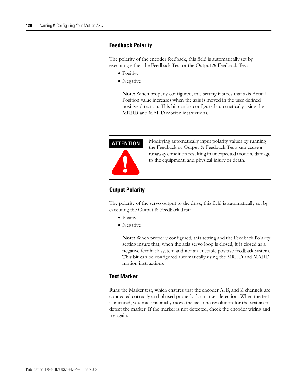 Feedback polarity, Output polarity, Test marker | Rockwell Automation 1784-PM16SE SoftLogix Motion Card Setup and Configuration Manual User Manual | Page 128 / 451