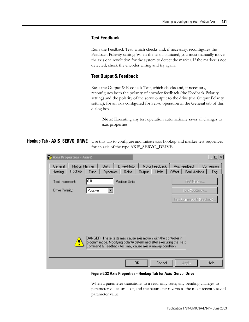 Test feedback, Test output & feedback, Hookup tab - axis_servo_drive | Rockwell Automation 1784-PM16SE SoftLogix Motion Card Setup and Configuration Manual User Manual | Page 129 / 451