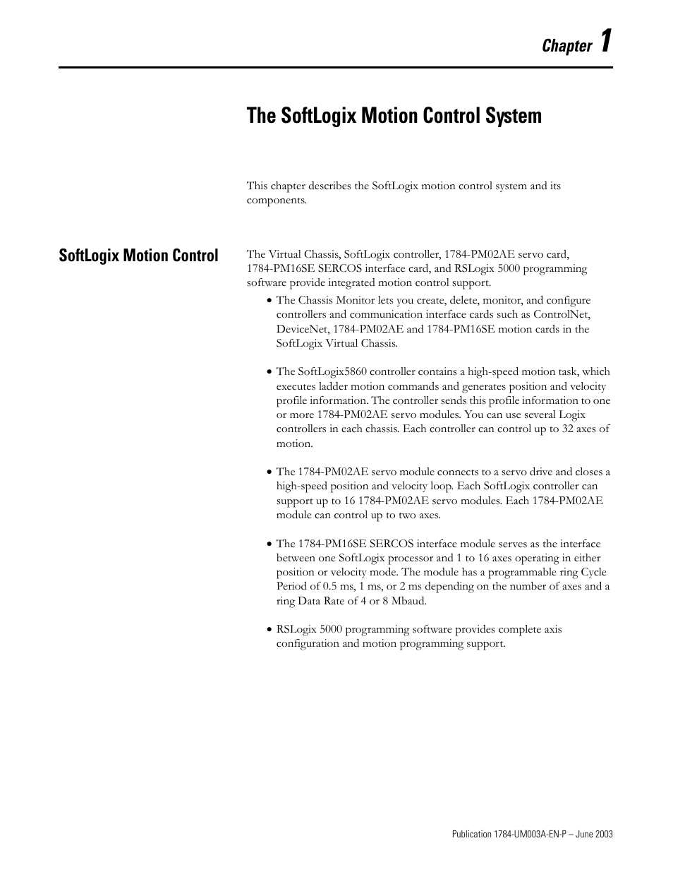 Chapter 1, The softlogix motion control system, Softlogix motion control | Chapter | Rockwell Automation 1784-PM16SE SoftLogix Motion Card Setup and Configuration Manual User Manual | Page 13 / 451