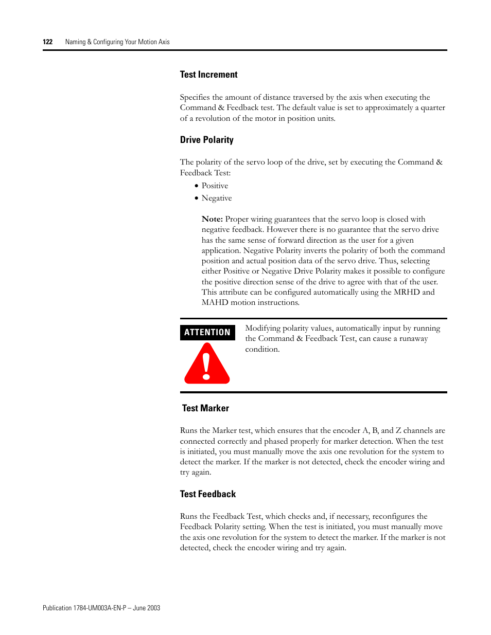 Test increment, Drive polarity, Test marker | Test feedback | Rockwell Automation 1784-PM16SE SoftLogix Motion Card Setup and Configuration Manual User Manual | Page 130 / 451