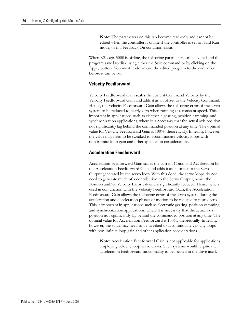 Velocity feedforward, Acceleration feedforward | Rockwell Automation 1784-PM16SE SoftLogix Motion Card Setup and Configuration Manual User Manual | Page 138 / 451