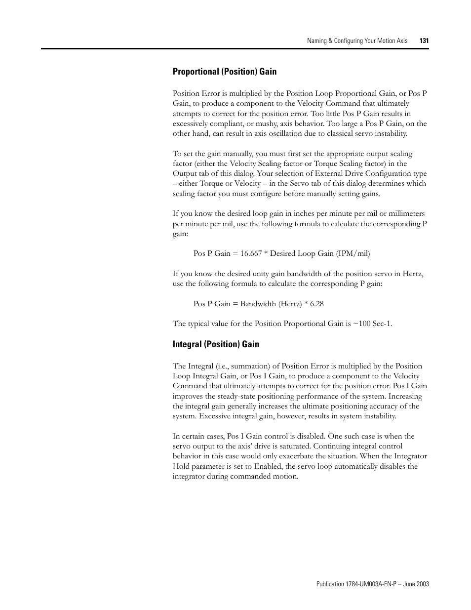 Proportional (position) gain, Integral (position) gain | Rockwell Automation 1784-PM16SE SoftLogix Motion Card Setup and Configuration Manual User Manual | Page 139 / 451